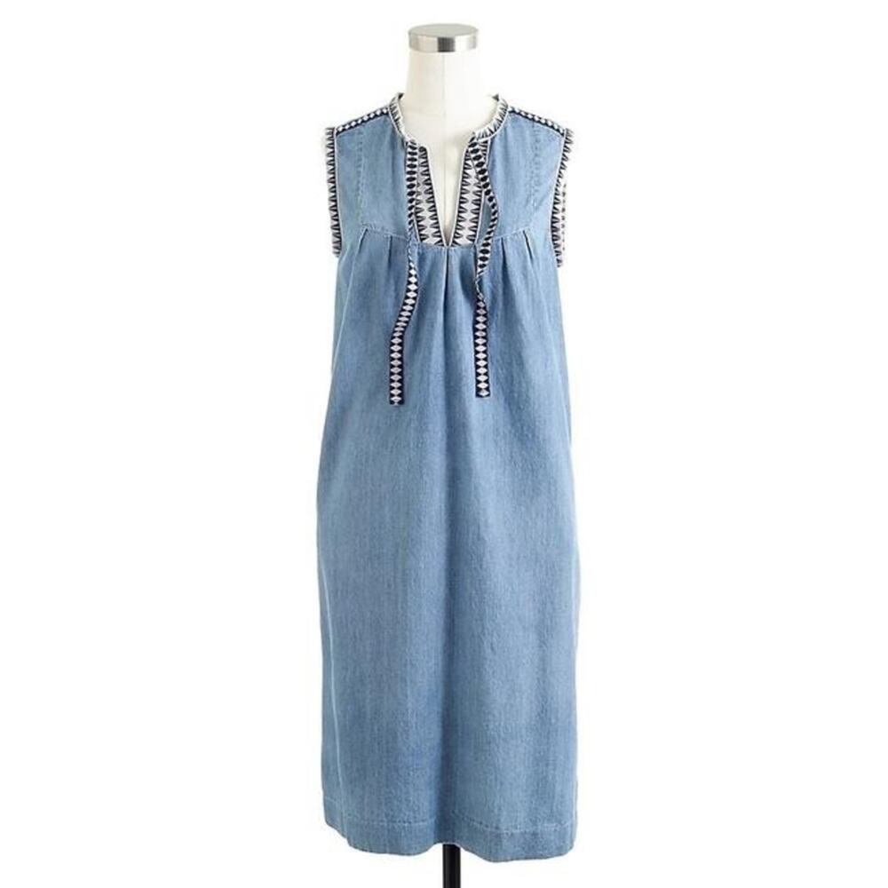 J. Crew Washed Chambray Dress Sleeveless Embroidery Classic Style 00 Hamptons